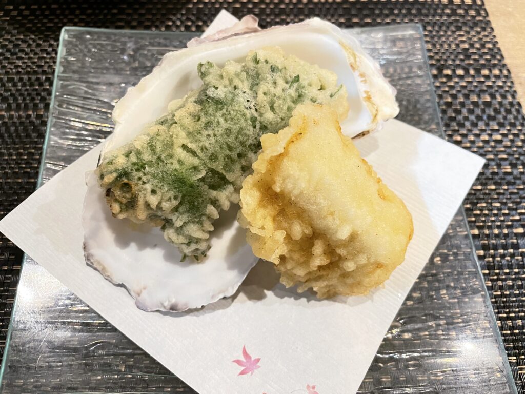 牡蠣の大葉包み、穴子の天ぷら